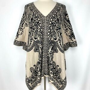 Flying Tomato Womens Paisley Patterned Poncho Sweater Size S/M Tan Black Top